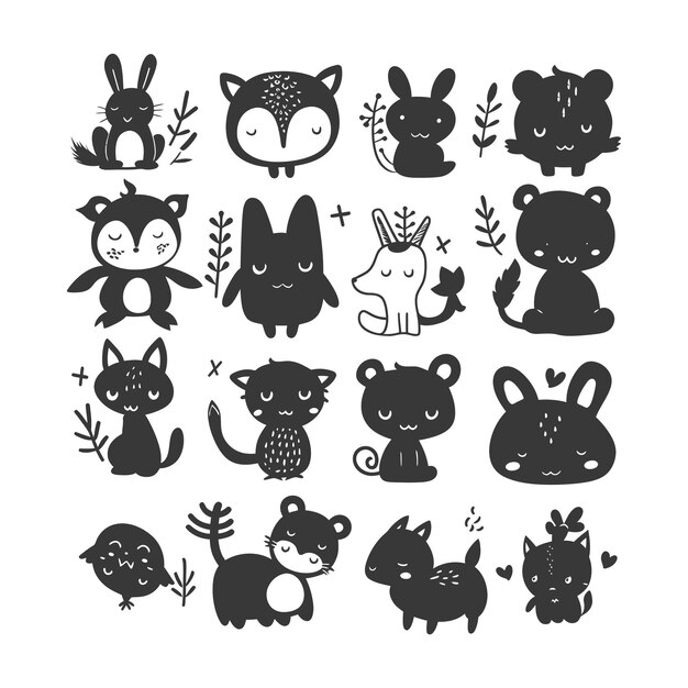 Vector silhouette hand drawn cute animal kawaii doodle collection black color only