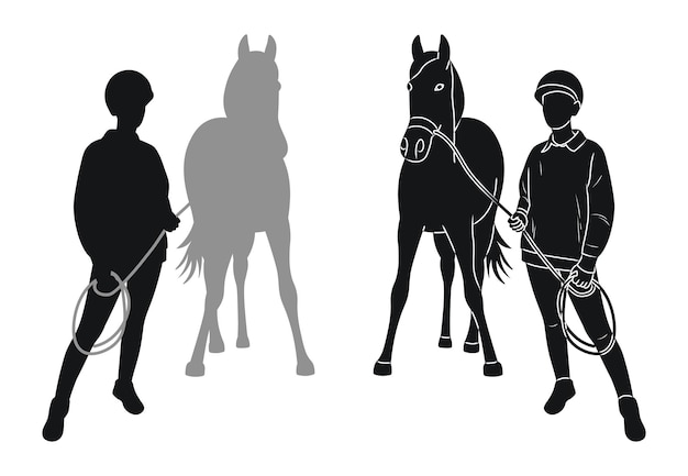 Vector silhouette of a horse and rider with reins in their hands