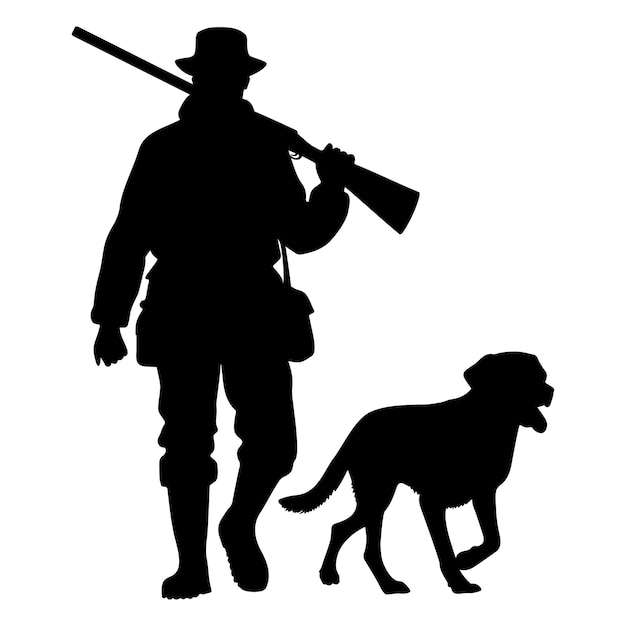 Vector silhouette of a hunter walking with his dog vector illustration