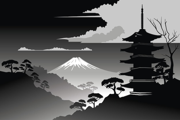 Silhouette iconic Japan black and white Japanese temple hill and trees with mount Fuji background