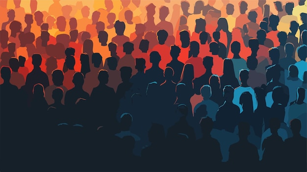 Vector silhouette of large audience crowd in dusk light gathering concept