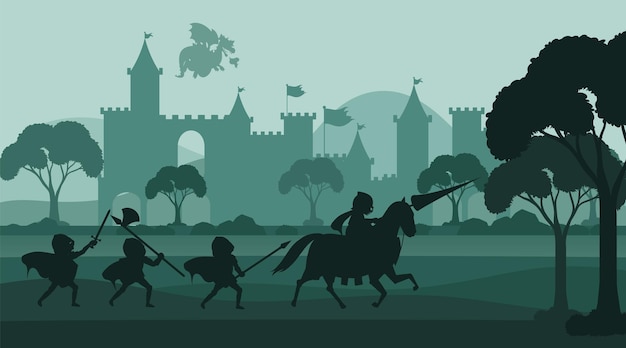 Silhouette medieval background with medieval army