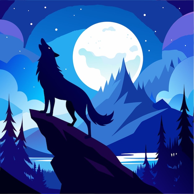 Vector a silhouette of a wolf howling at the moon in a mountainous landscape