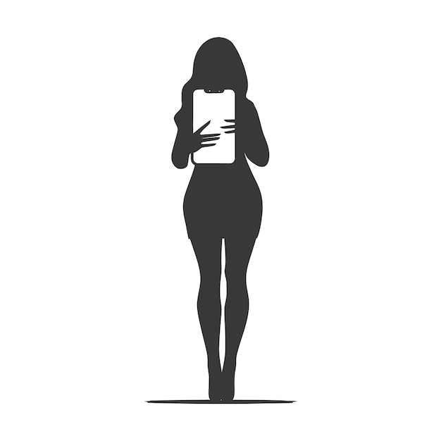 silhouette woman shows a blank white screen smartphone or tablet