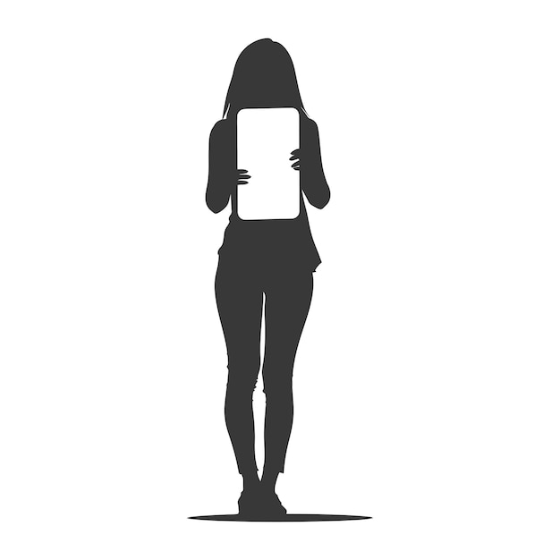 silhouette woman shows a blank white screen smartphone or tablet