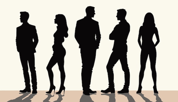 Silhouettes of diverse men and women standing in a line facing various directions