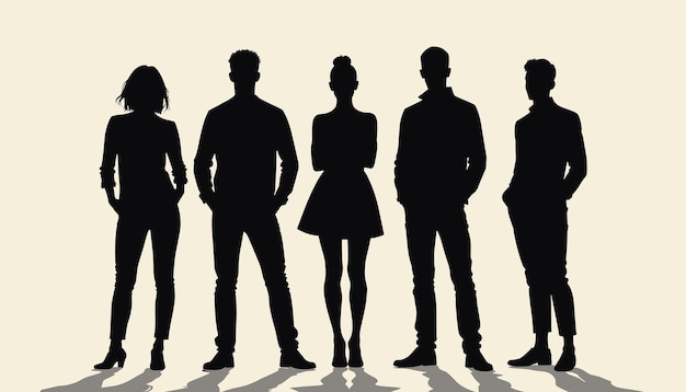 Silhouettes of five people standing in a row against a light background