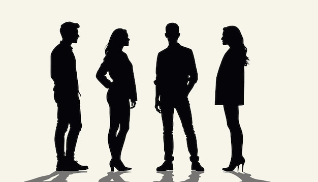 Silhouettes of four people standing and interacting against a white background