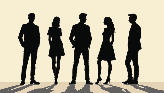 Vector silhouettes of stylish people standing against a light background