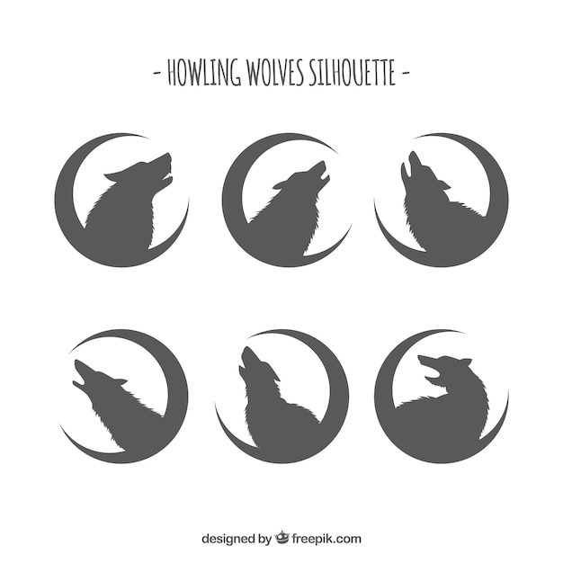 Vector silhouettes of wolves with moon collection