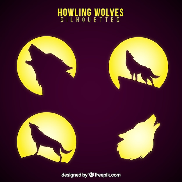 Vector silhouettes of wolves with moon