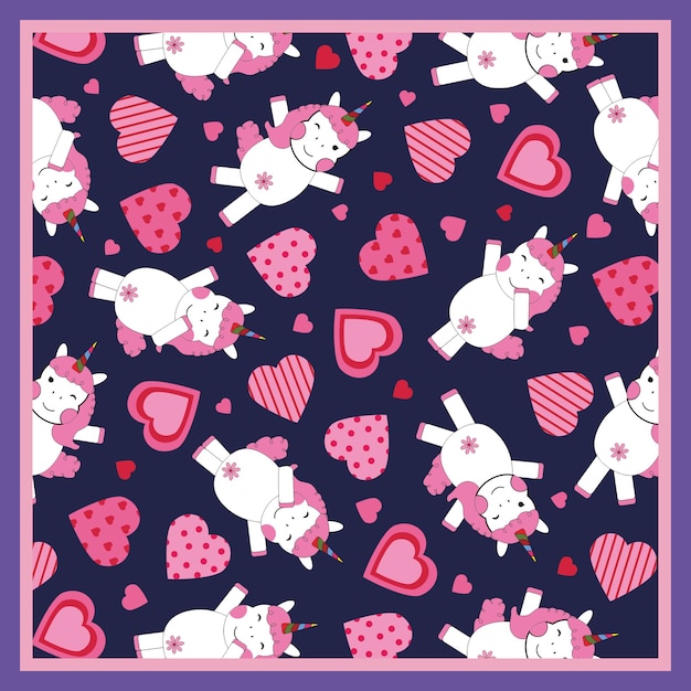 Silk scarf design seamless pattern with unicorn and heart on blue background for kid