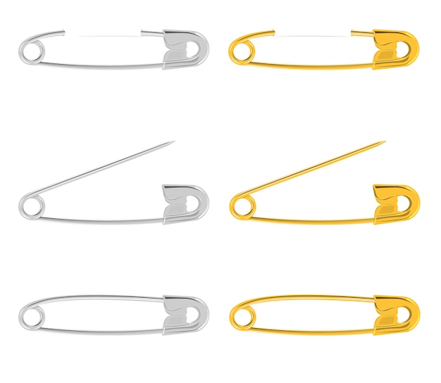 Silver and gold safety pin set vector illustration Isolated on a white background