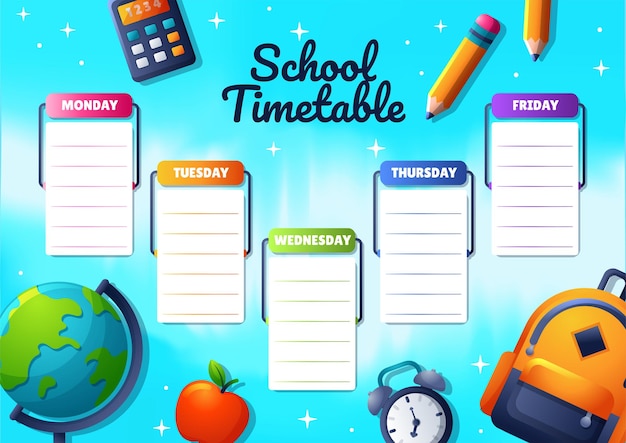 Vector simple cartoon school timetable with colorful hand drawn school stationery decoration