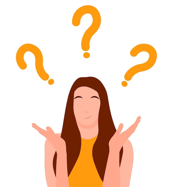 Simple flat vector illustration of question dilemma problem concept isolated on white cartoon woman character solution business asking analysis mark