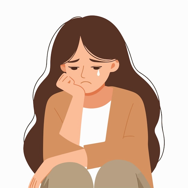 Vector simple and minimalist image of a woman feeling sad with a white background