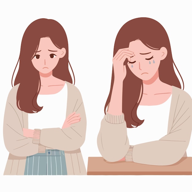 Vector simple and minimalist image of a woman feeling sad with a white background