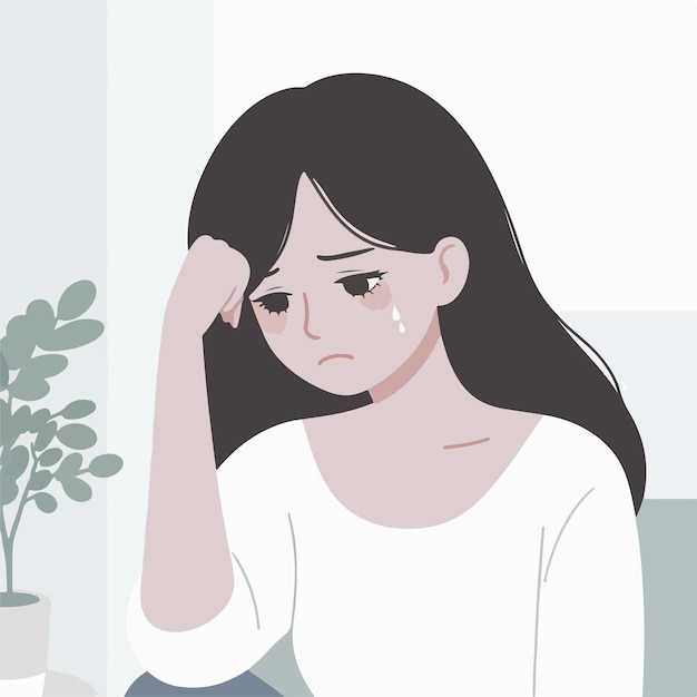 Vector simple and minimalist image of a woman feeling sad with a white background