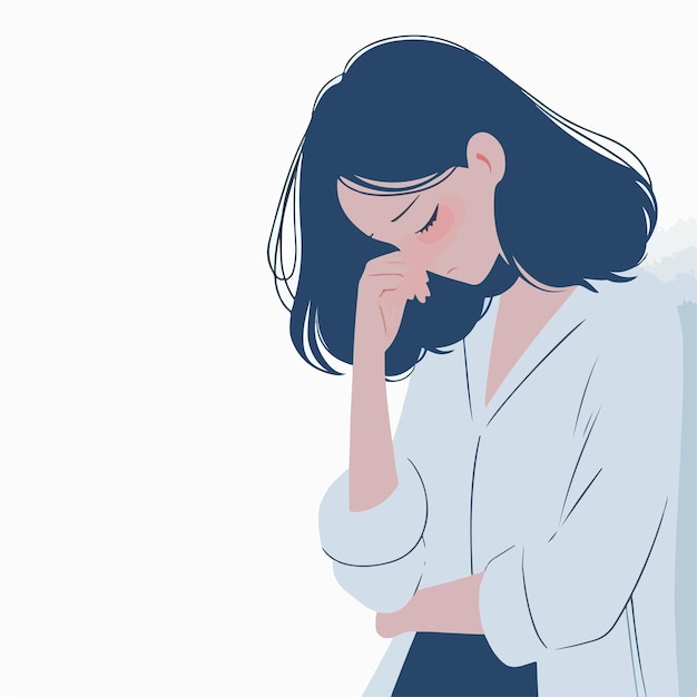 Vector simple and minimalist image of a woman feeling sad with a white background