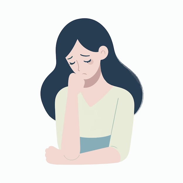 Vector simple and minimalist image of a woman feeling sad with a white background