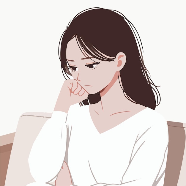 Vector simple and minimalist image of a woman feeling sad with a white background