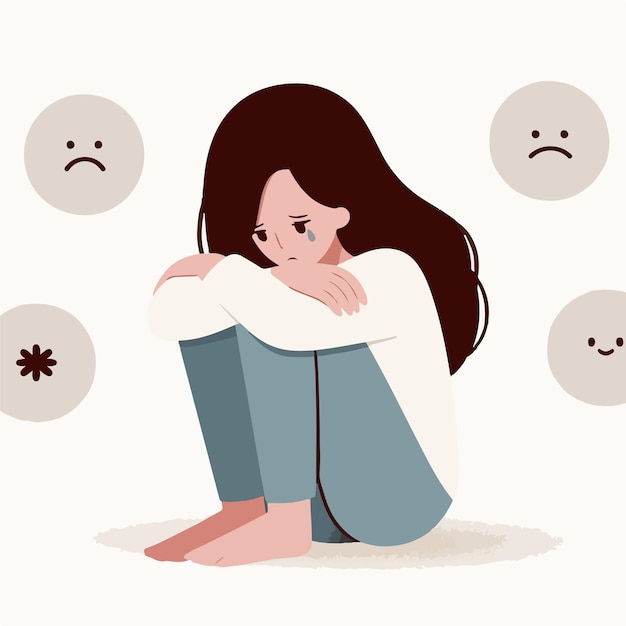 Vector simple and minimalist image of a woman feeling sad with a white background