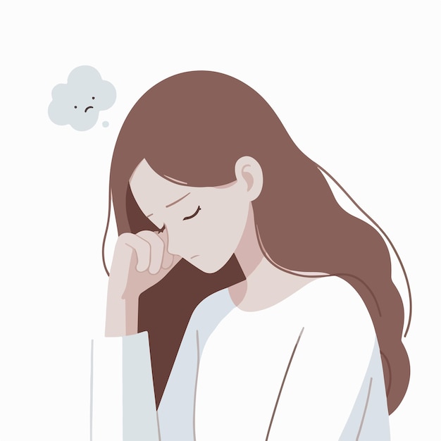 Vector simple and minimalist image of a woman feeling sad with a white background