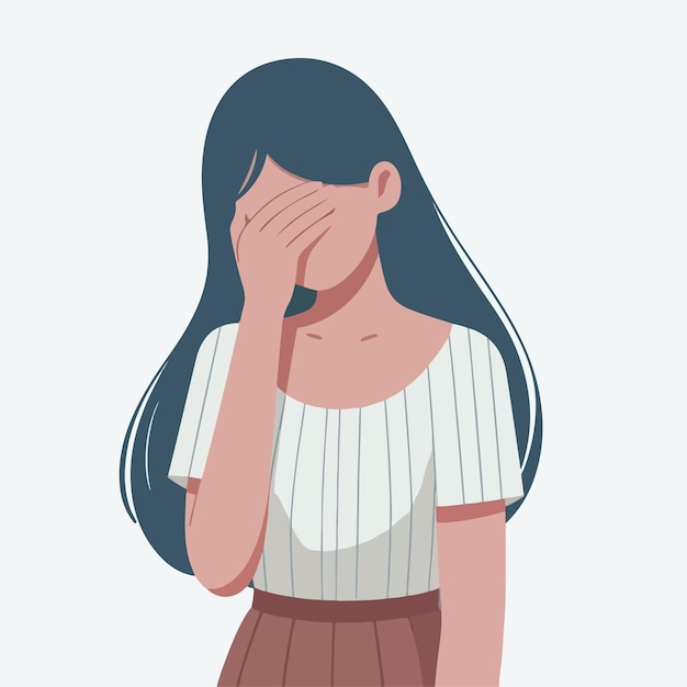 Vector simple and minimalist image of a woman feeling sad with a white background