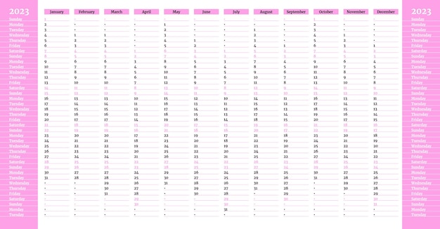 Simple pink linear calendar yearly planner template for 2023 with vertical month grid and highlighted weekends