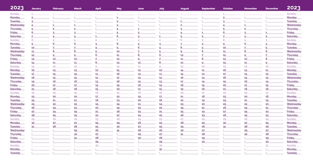 Simple purple linear calendar yearly planner template for 2023 with vertical month grid and highlighted sundays