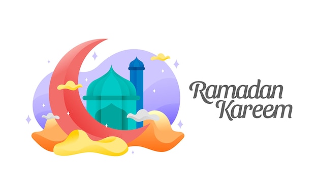 Simple Ramadan Kareem Colorful Illustration With Mosque and Crescent Moon On Clouds Banner Concept