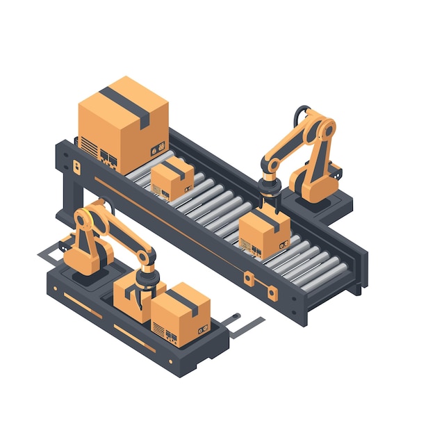 Vector a simple vector graphic of an industrial robot moving boxes on a conveyor belt shown in an isometric view with a white background