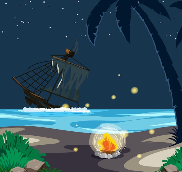 Sinking ship in the sea at night scene