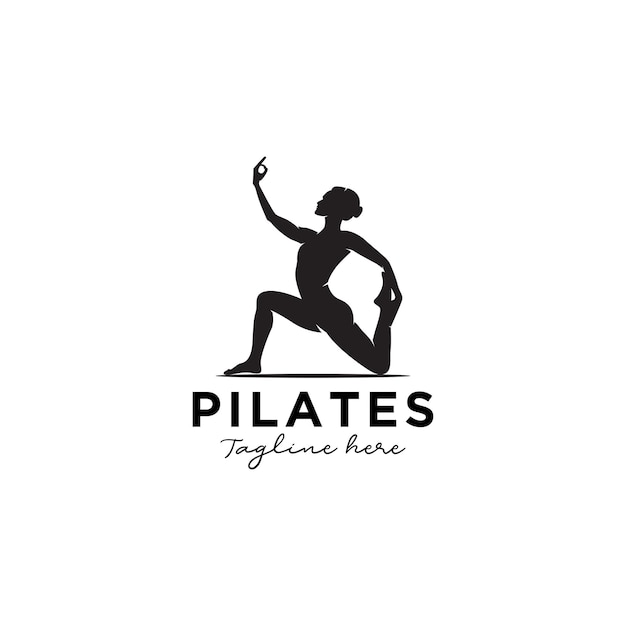 Sitting Pose Pilates Woman Silhouette Girl with Beauty Body Hair and Face at gym logo design