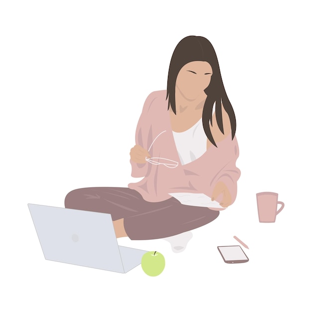 sitting woman student with notebook online education in flat style