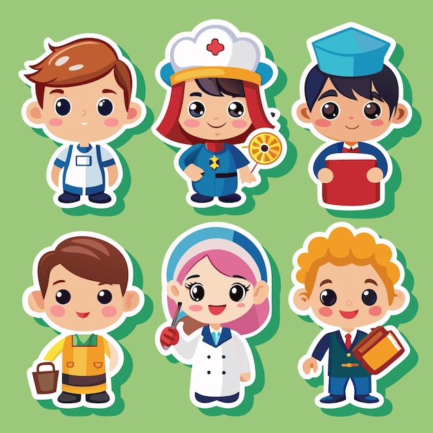 Vector six adorable cartoon kids in different professions