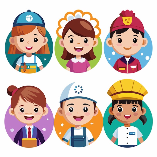 Vector six cartoon children with different jobs