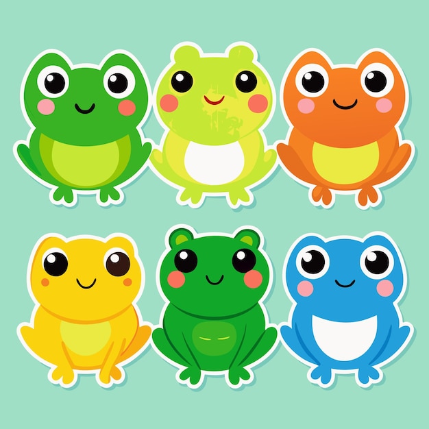 Vector six cartoon frogs in different colors