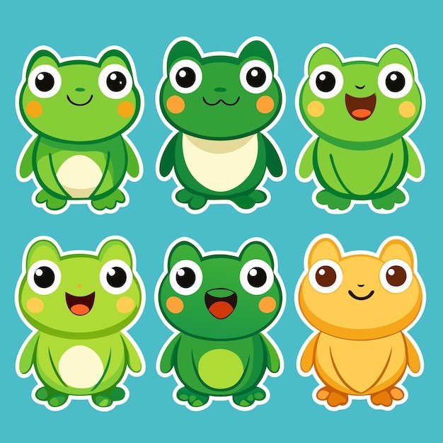 Six cartoon frogs five green one orange with happy expressions against a blue background