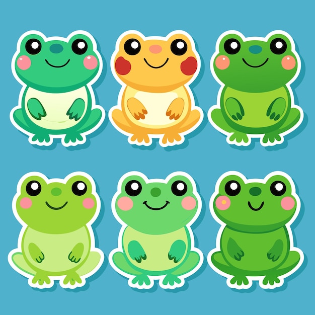 Vector six cartoon frogs with big eyes and smiling faces in different shades of green and yellow on a blue background