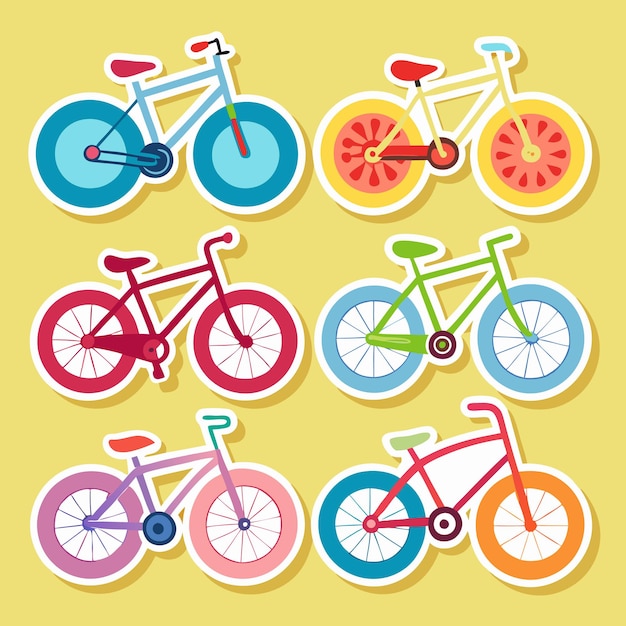 Vector six colorful bicycles with white spokes and different colors of frames seats and tires