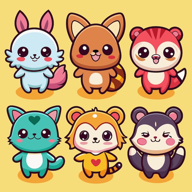 Vector six cute cartoon animals standing on a yellow background all have big eyes cute faces and a round body shape