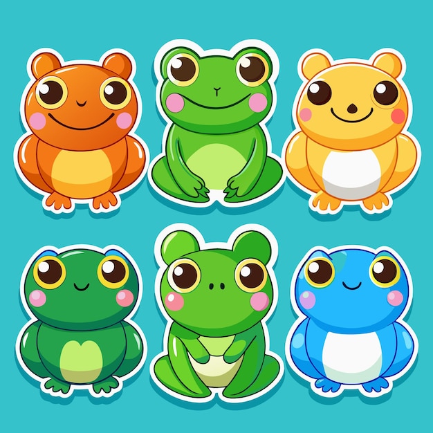 Six cute cartoon frogs in different colors