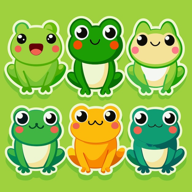 Vector six cute cartoon frogs with different colors and expressions on a green background