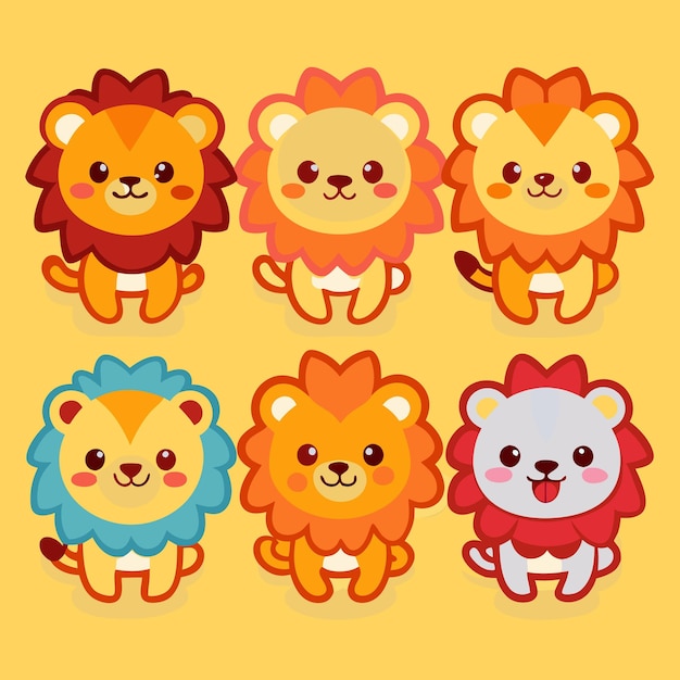 Vector six cute cartoon lions with different colored manes