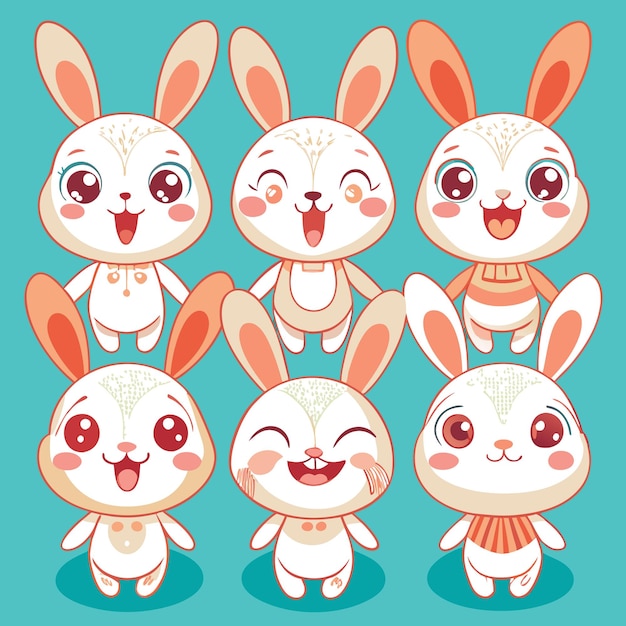 Vector six cute cartoon rabbits displaying various joyful expressions