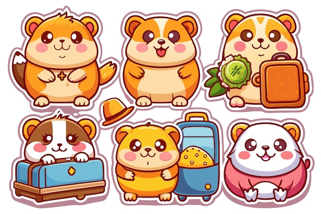 Vector six cute hamsters in different poses with luggage a hat and a piece of fruit