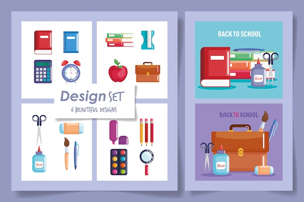 Six designs of back to school supplies