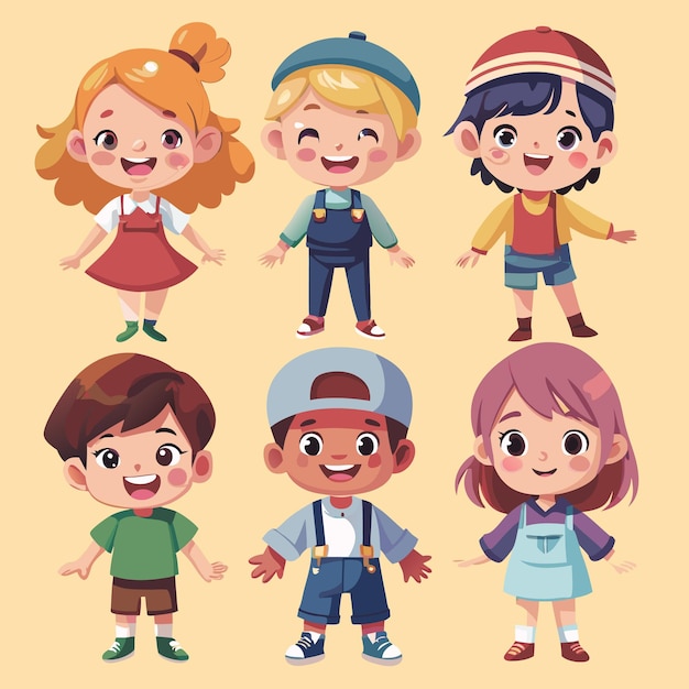 Vector six happy cartoon children standing together