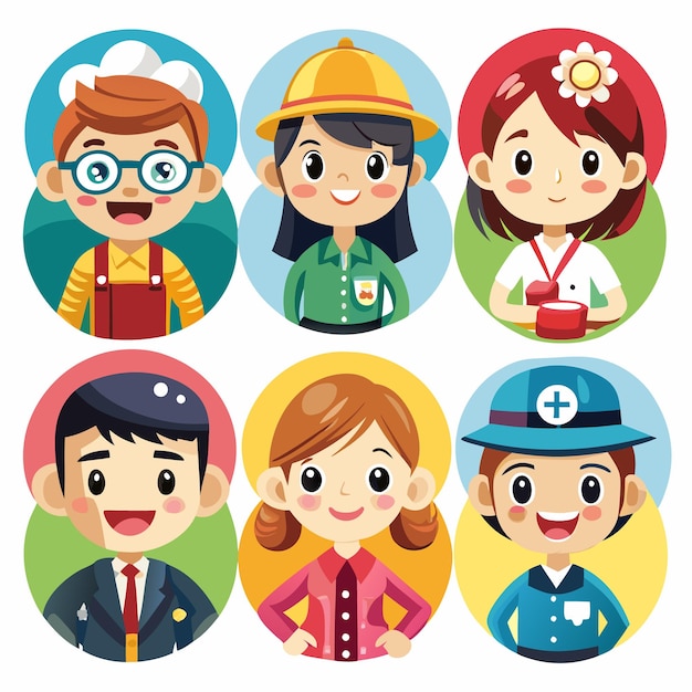 Vector six happy cartoon people wearing different occupations uniforms